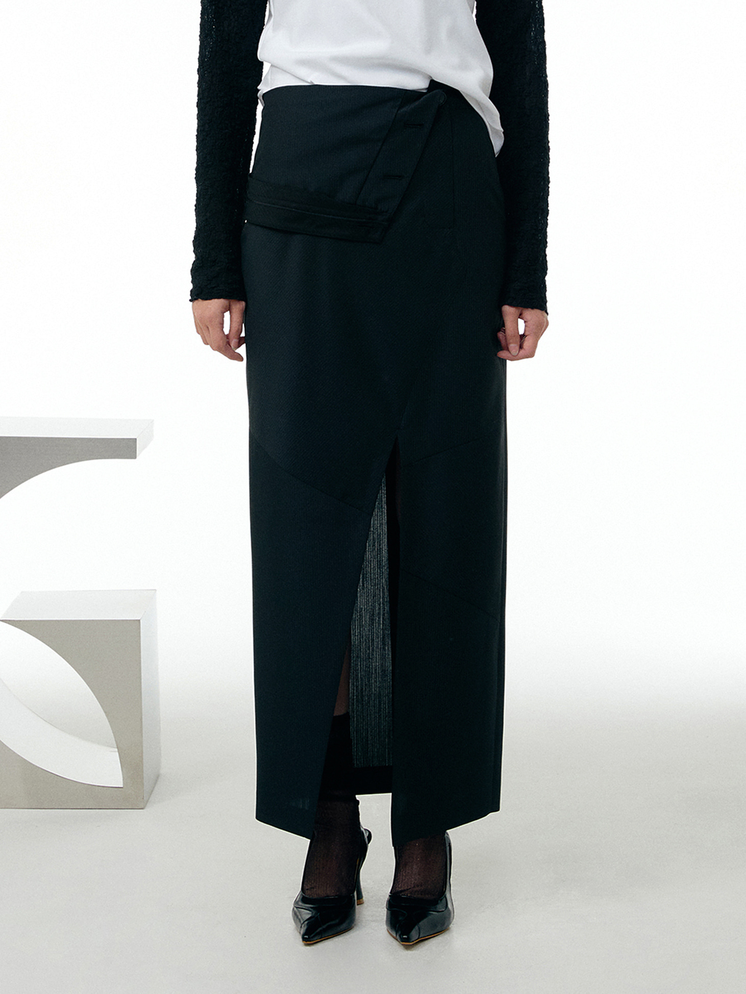 Patchwork folded-waist maxi skirt / Black
