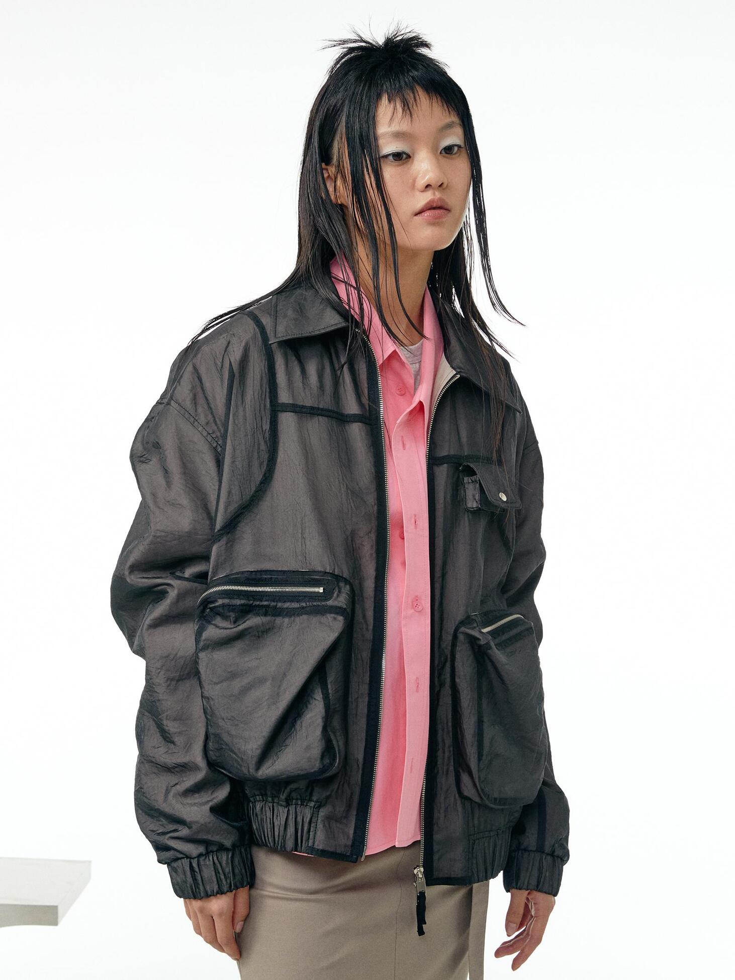 Pocketed sheer-overlay bomber jacket / Black