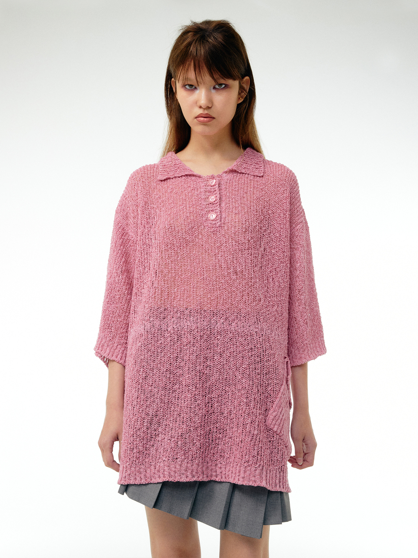 Pocketed short sleeve knit top / Pink