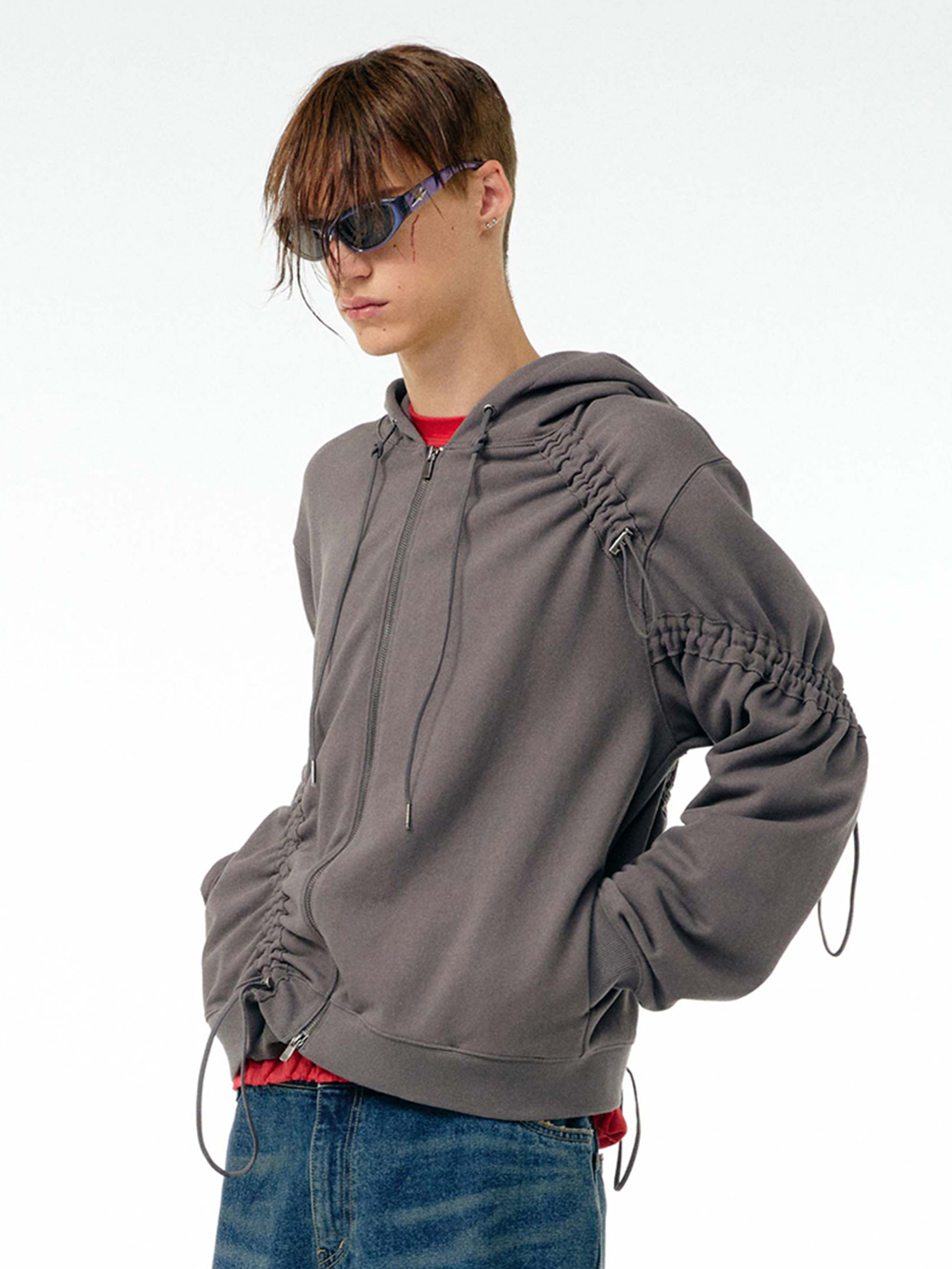 Adjustable shirring zip-up hoodie / Dark grey