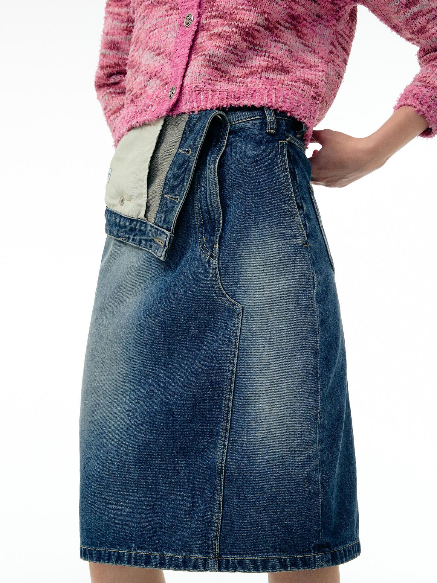 Folded-waist denim midi skirt / Blue