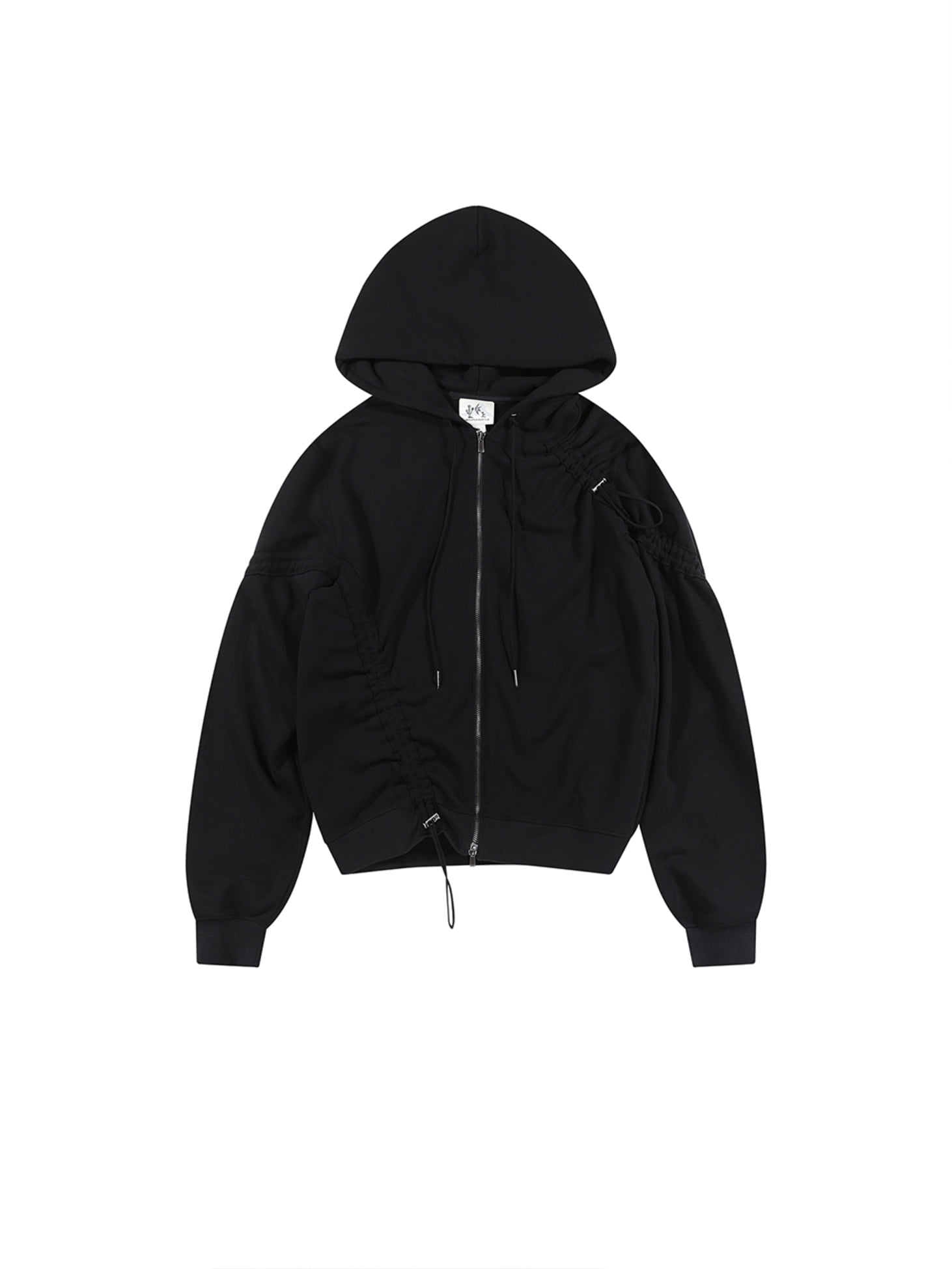 Adjustable shirring zip-up hoodie / Black